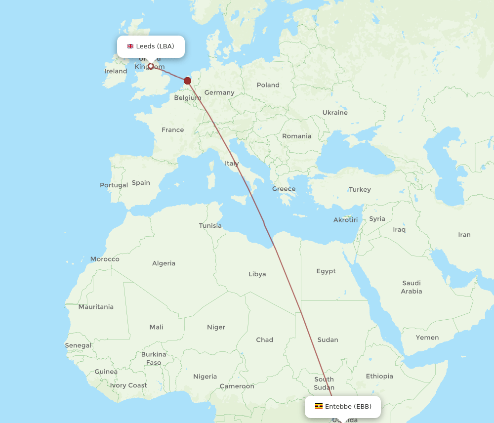 Leeds - Entebbe route map and flight paths