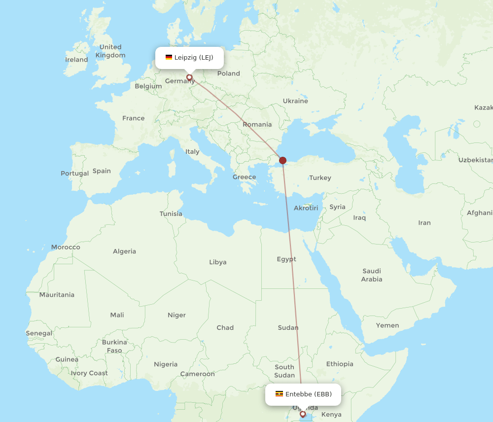 Leipzig/Halle - Entebbe route map and flight paths