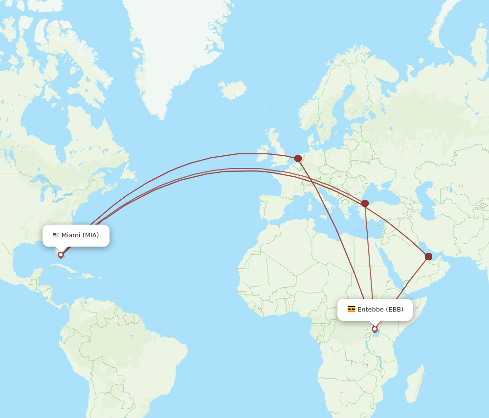 Miami - Entebbe route map and flight paths