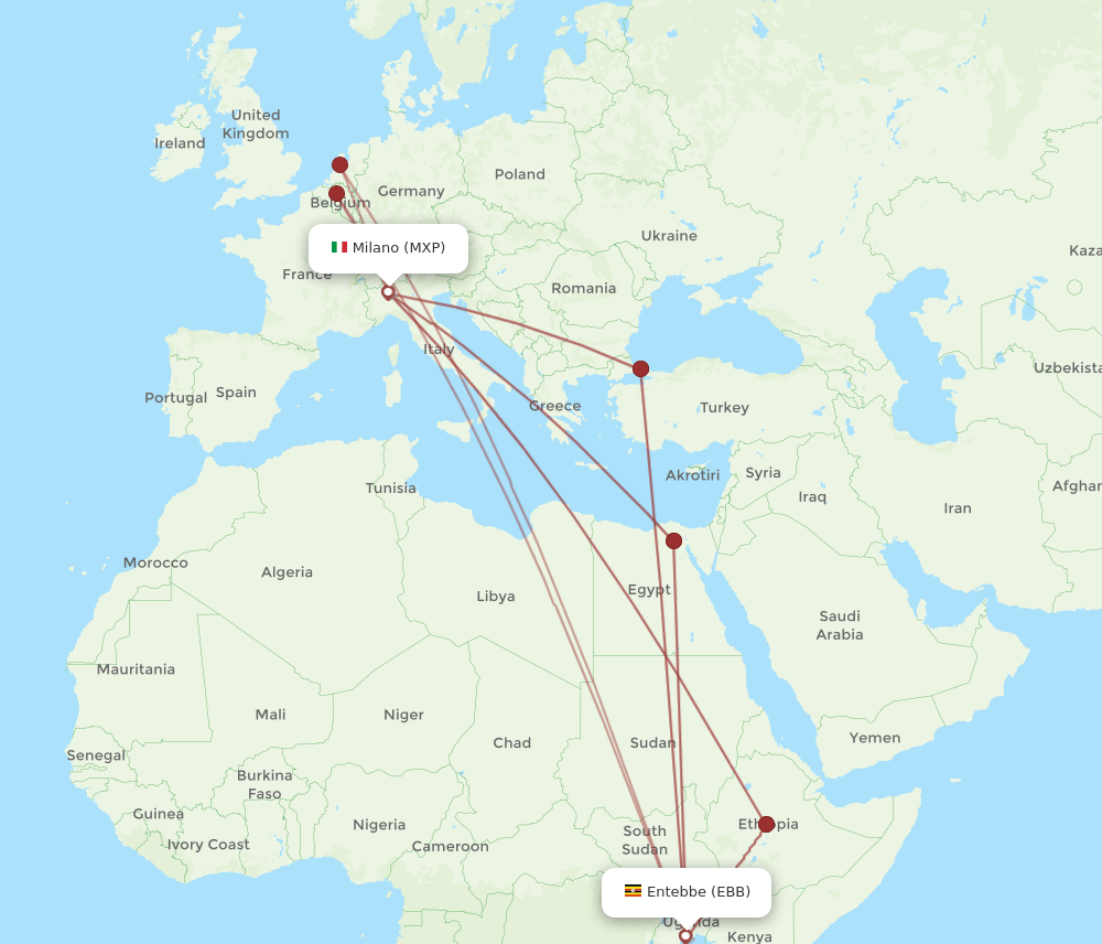 EBB to MXP flights and routes map