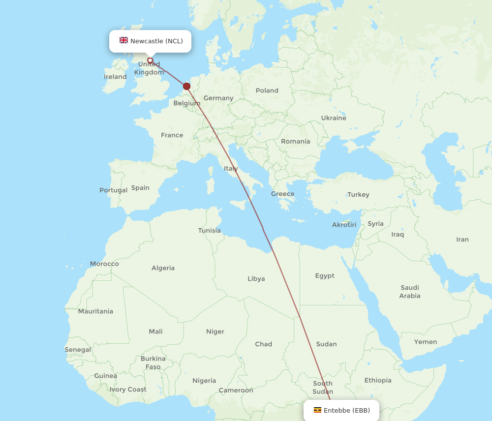 EBB-NCL flight routes