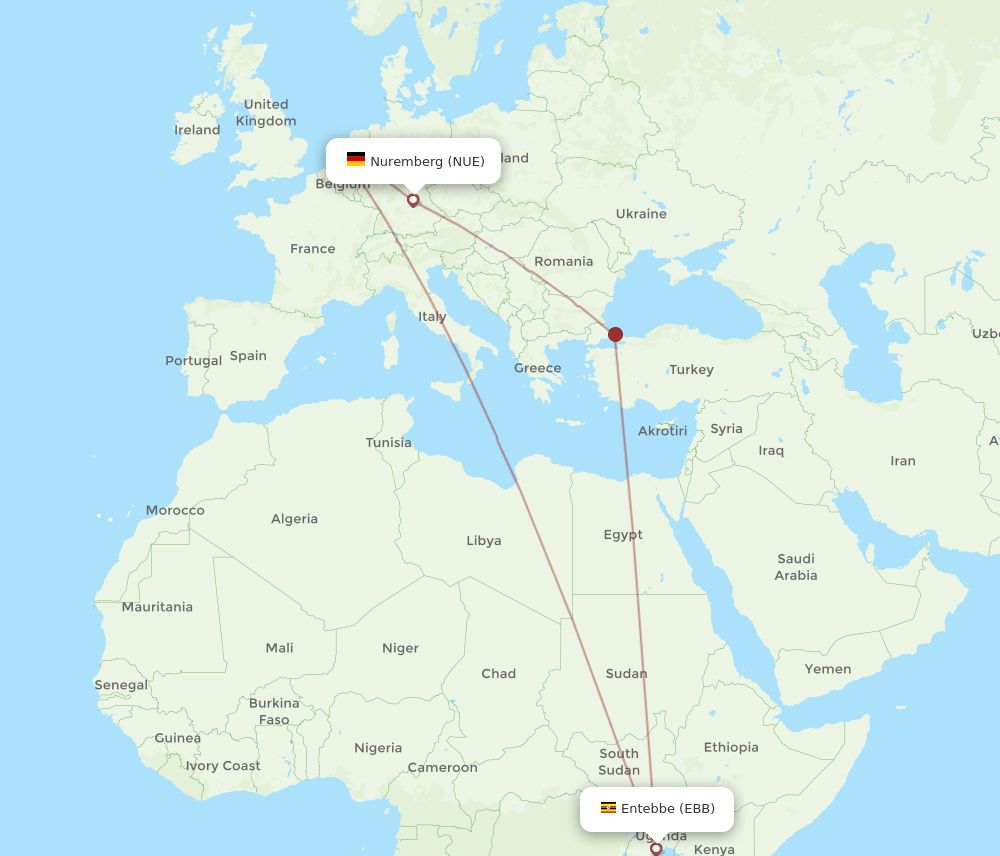 Nuremberg - Entebbe route map and flight paths