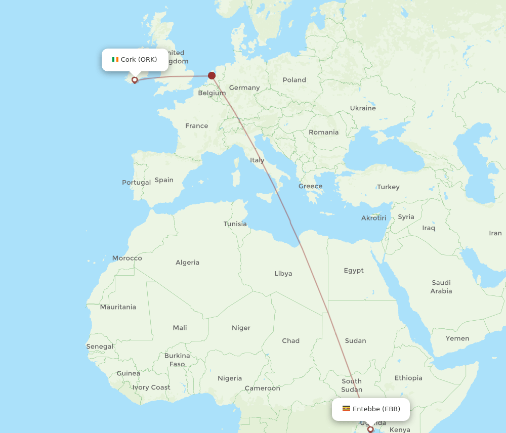 Cork - Entebbe route map and flight paths
