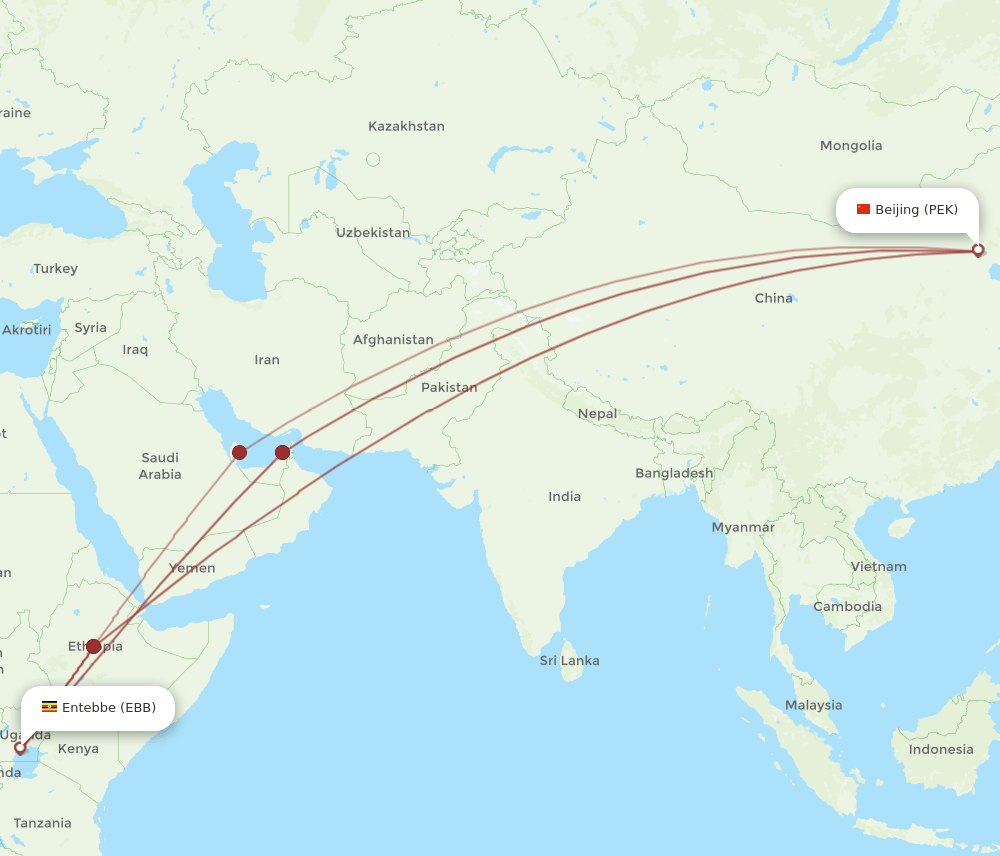 EBB-PEK flight routes