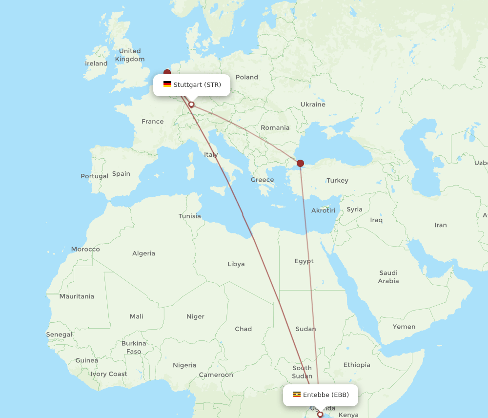 Stuttgart - Entebbe route map and flight paths