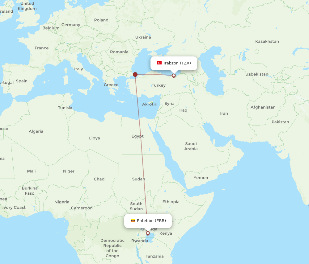 Trabzon - Entebbe route map and flight paths