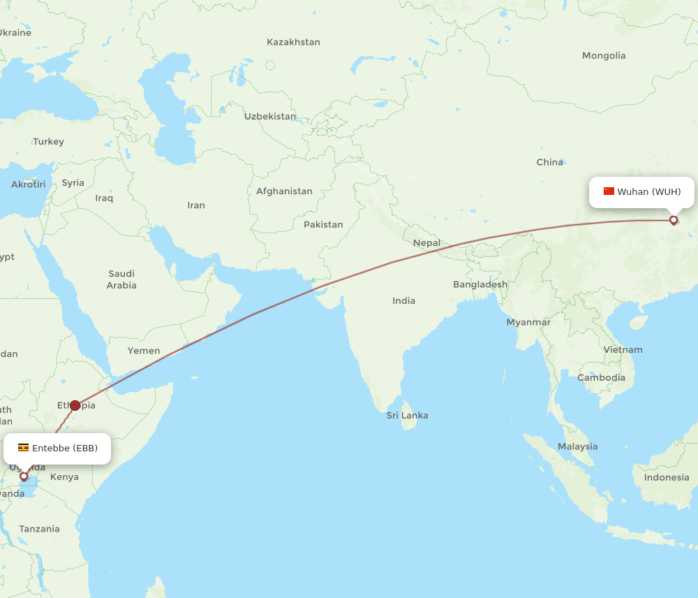 EBB to WUH flights and routes map
