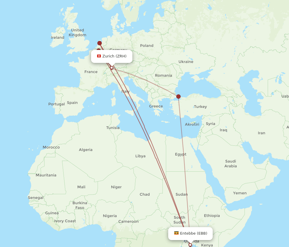 Zurich - Entebbe route map and flight paths