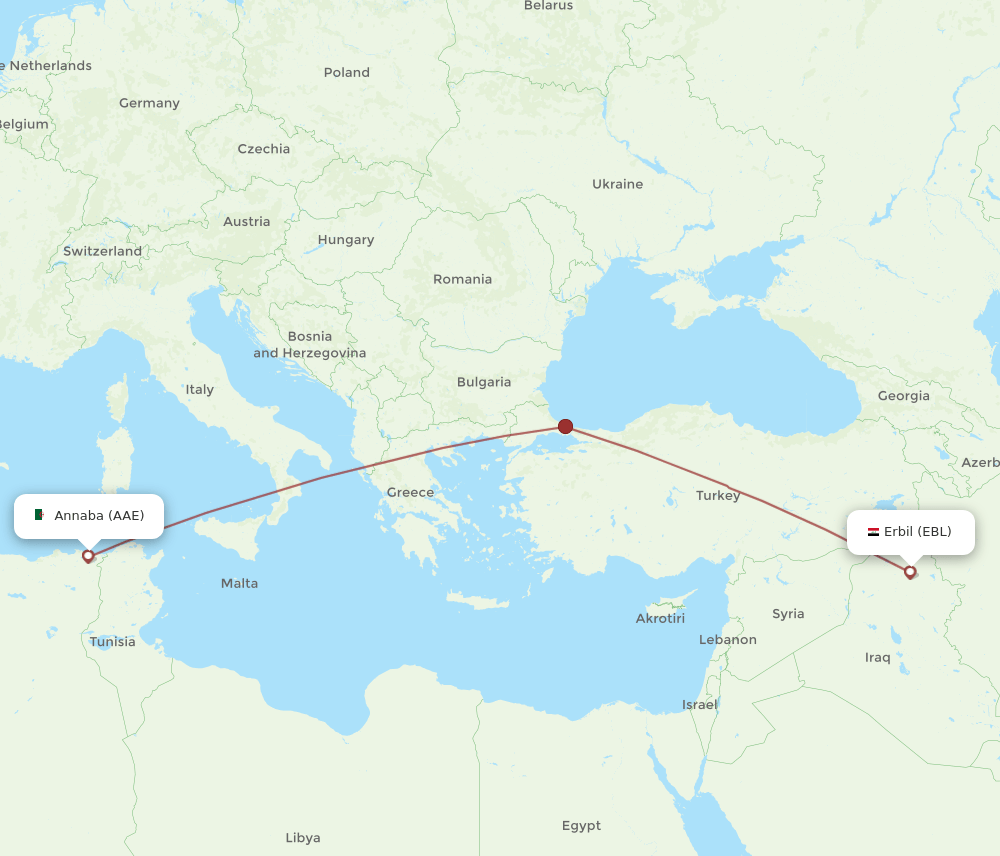 Annaba - Erbil route map and flight paths