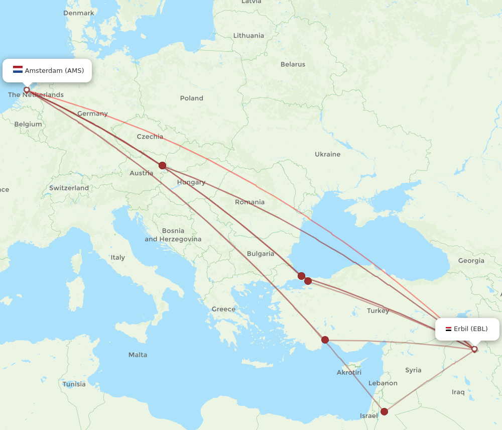 EBL to AMS flights and routes map