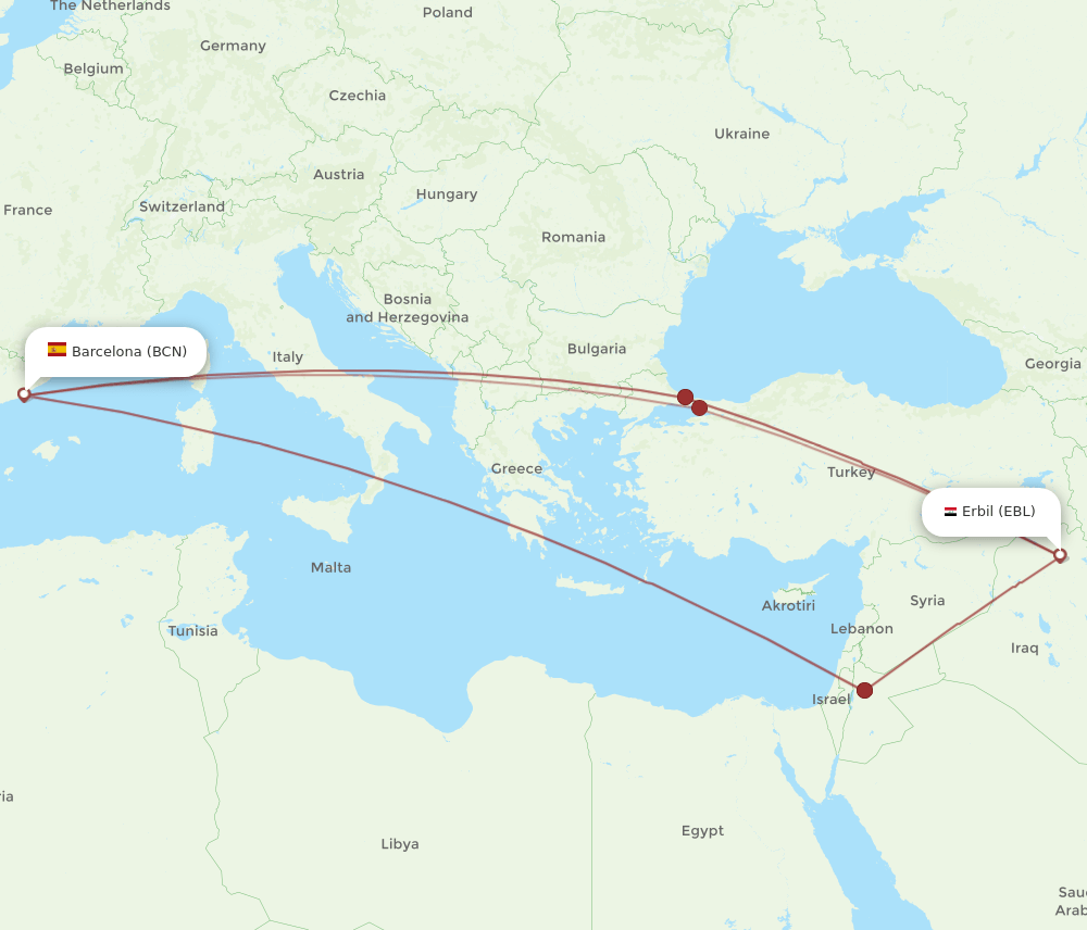 EBL to BCN flights and routes map