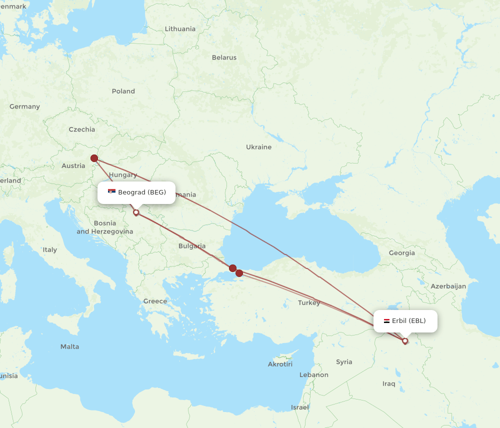 EBL to BEG flights and routes map