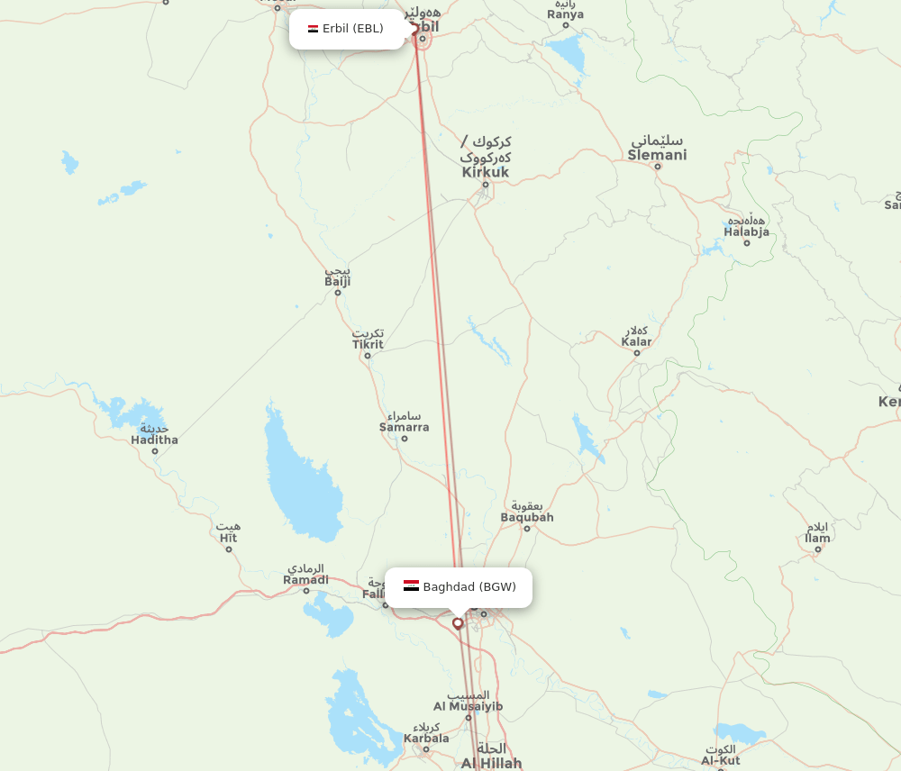 Erbil - Baghdad route map and flight paths