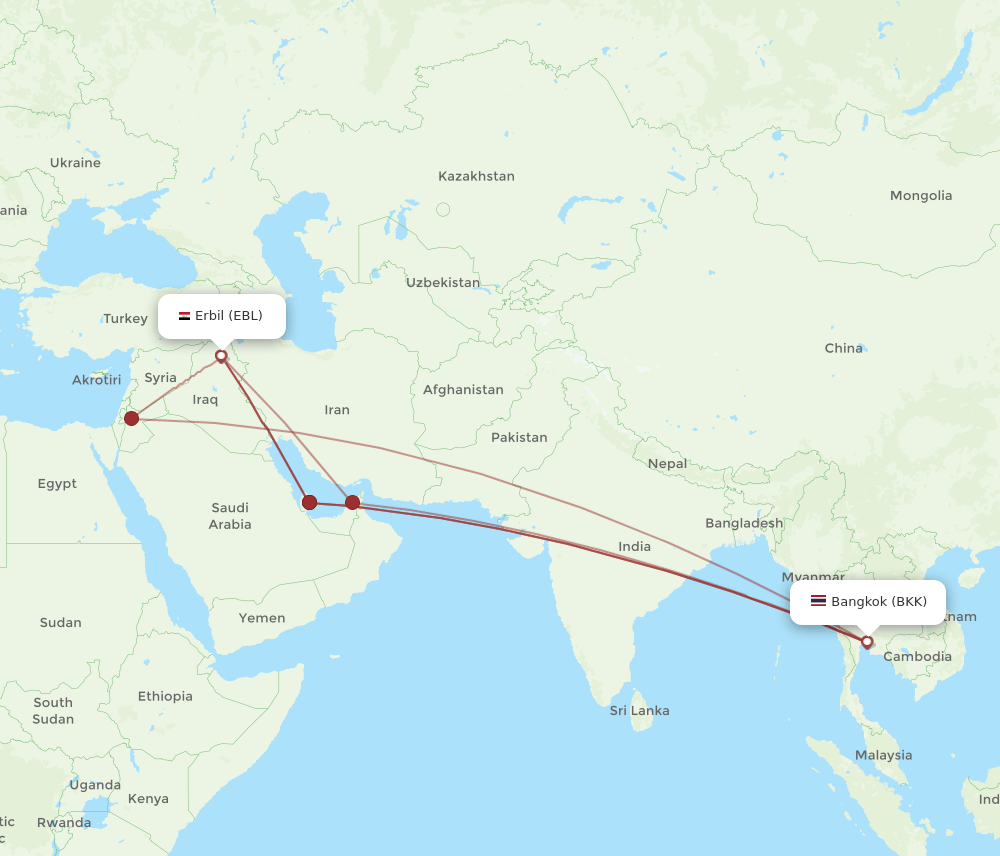 EBL to BKK flights and routes map