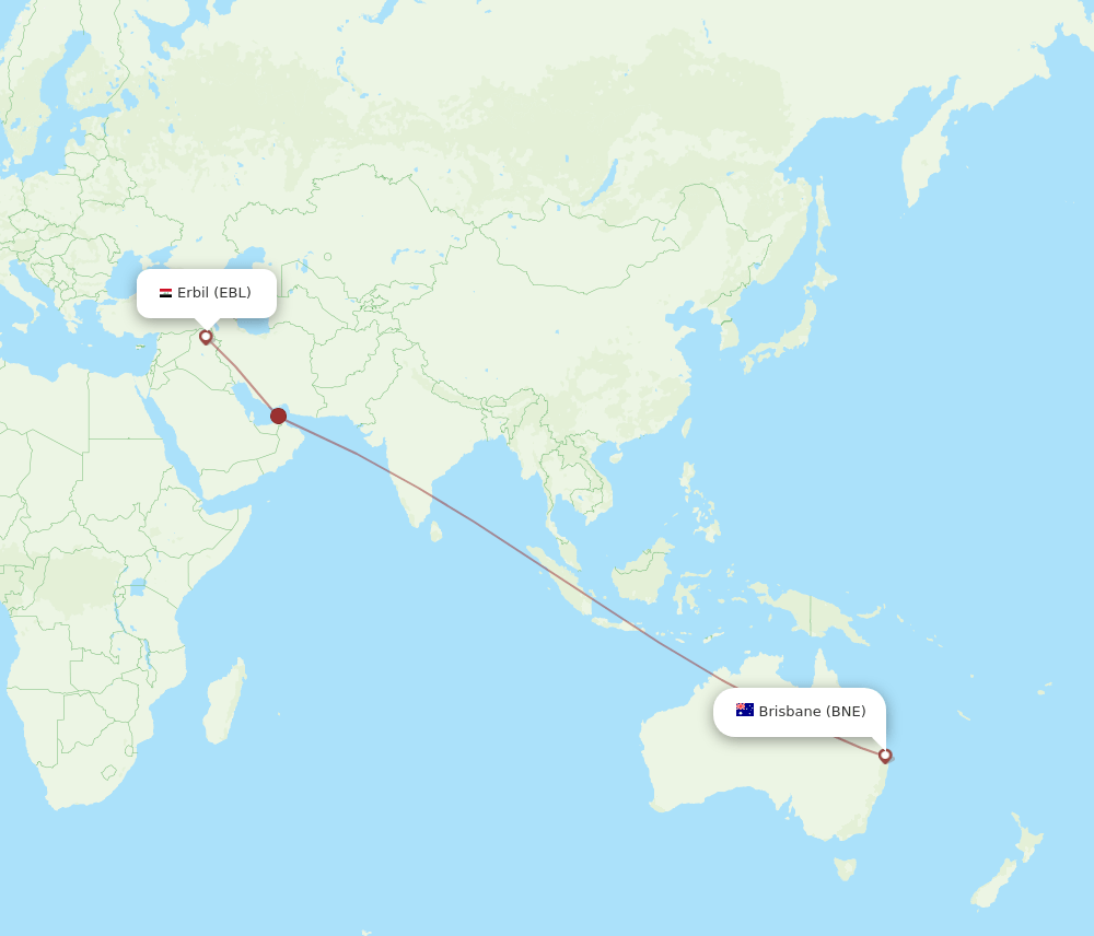 Brisbane - Erbil route map and flight paths