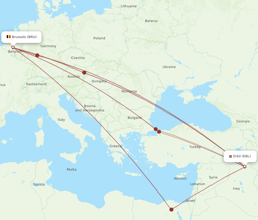 EBL-BRU flight routes