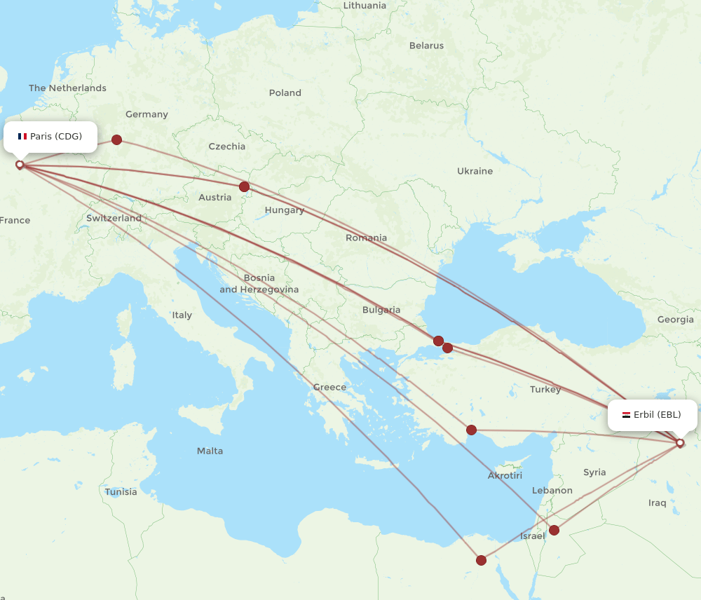 EBL-CDG flight routes