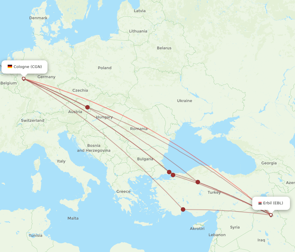 EBL to CGN flights and routes map