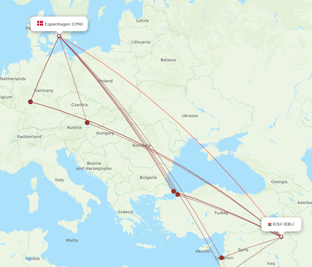 EBL to CPH flights and routes map