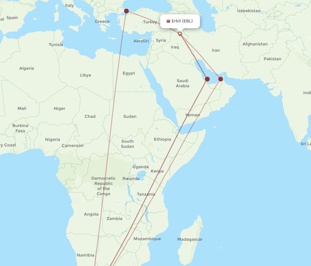 EBL-CPT flight routes