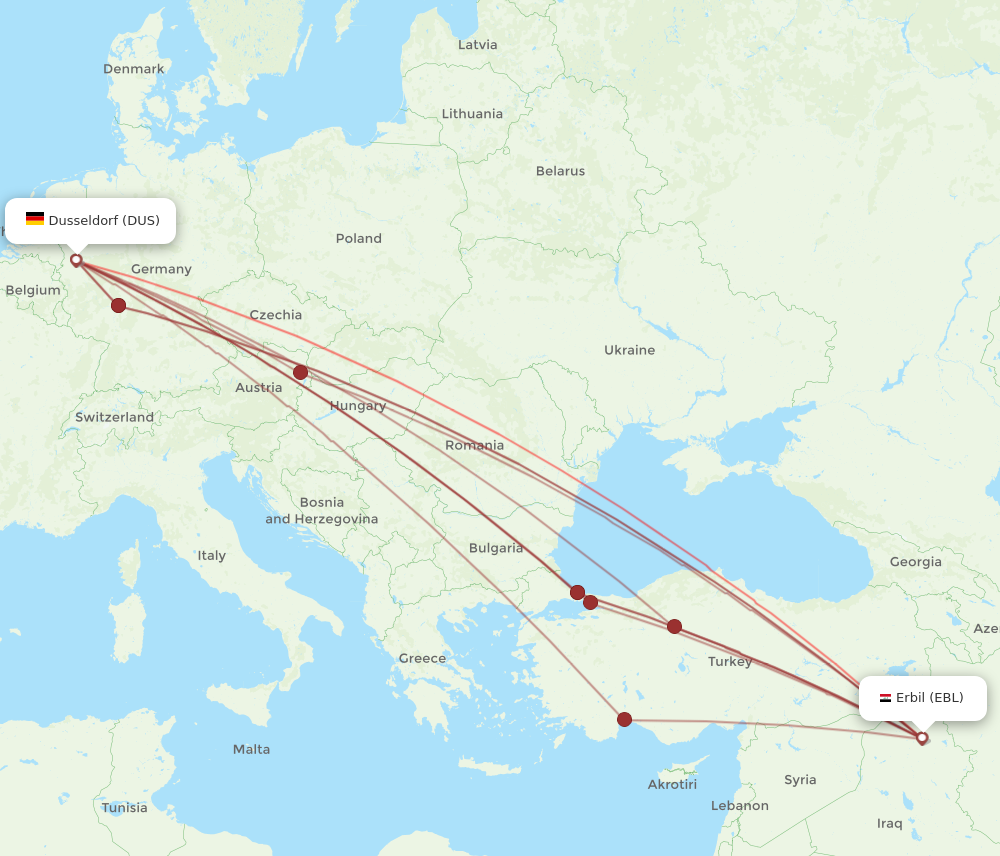 EBL to DUS flights and routes map