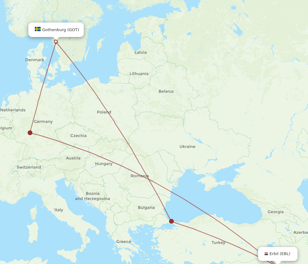 EBL to GOT flights and routes map