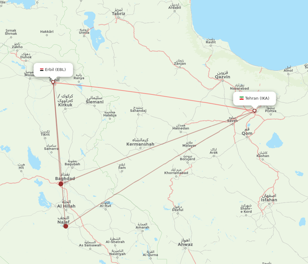 EBL to IKA flights and routes map