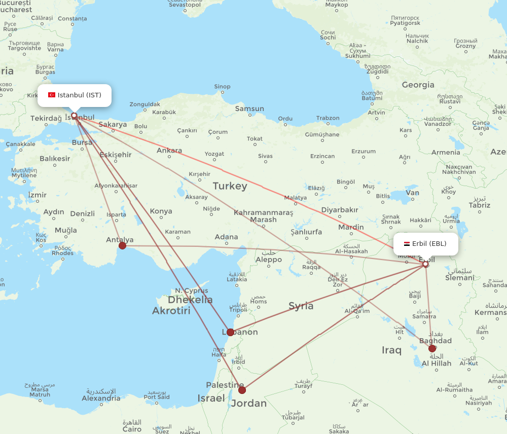 EBL to IST flights and routes map