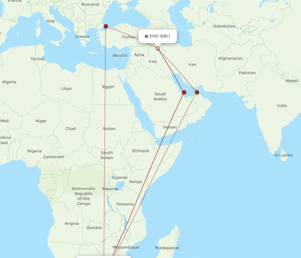 EBL to JNB flights and routes map
