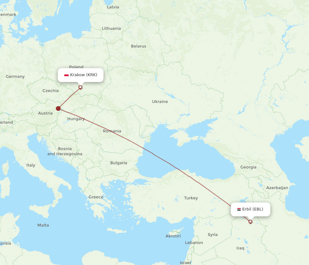 EBL to KRK flights and routes map
