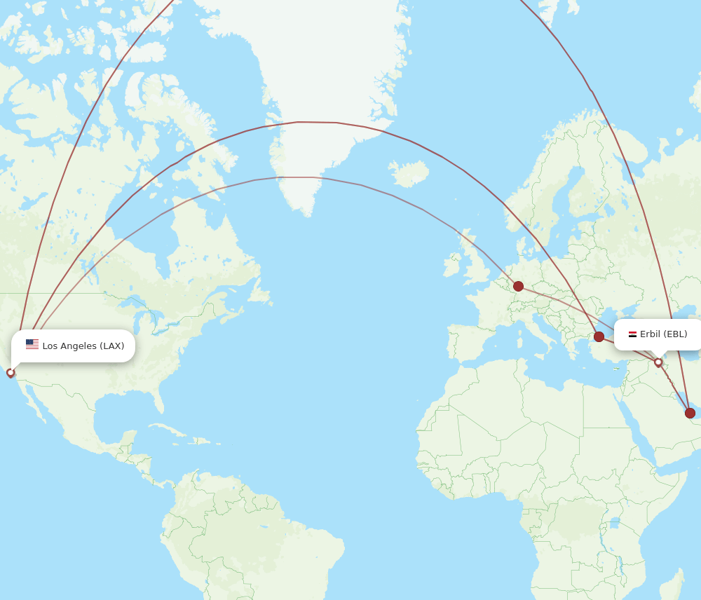 EBL to LAX flights and routes map