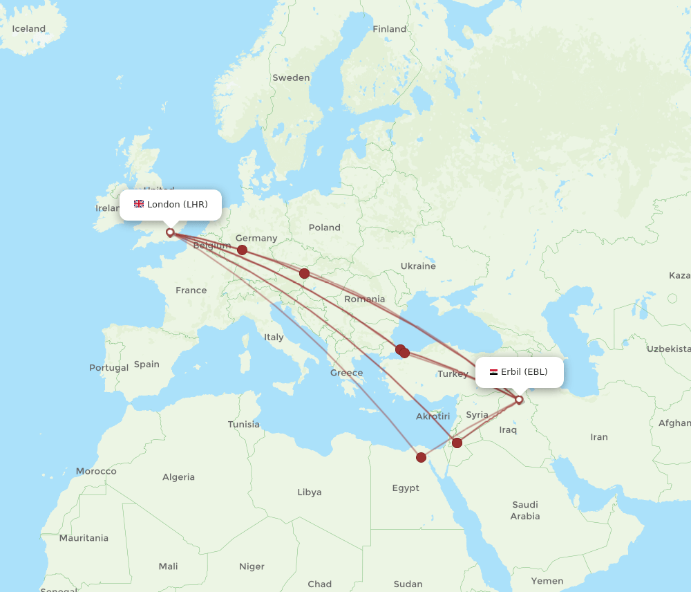 EBL-LHR flight routes