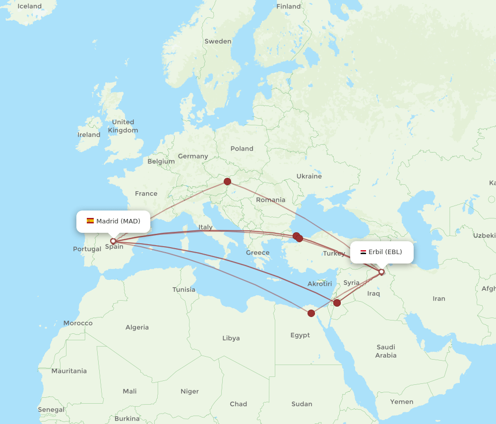 EBL to MAD flights and routes map
