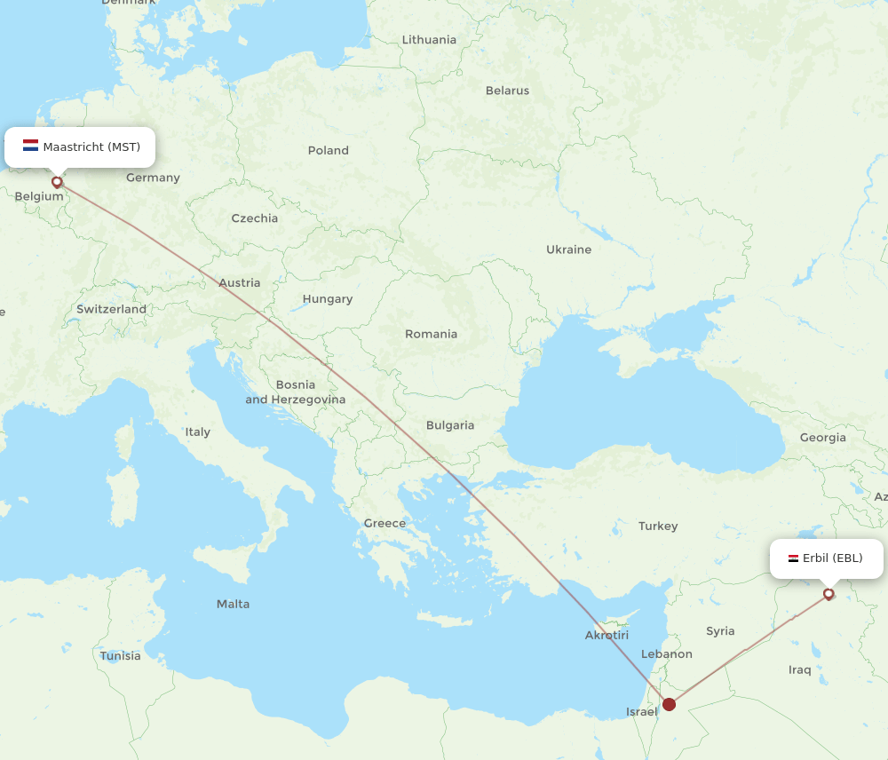 Erbil - Maastricht route map and flight paths