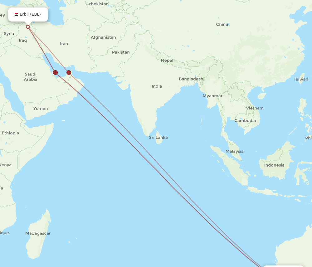 Perth - Erbil route map and flight paths