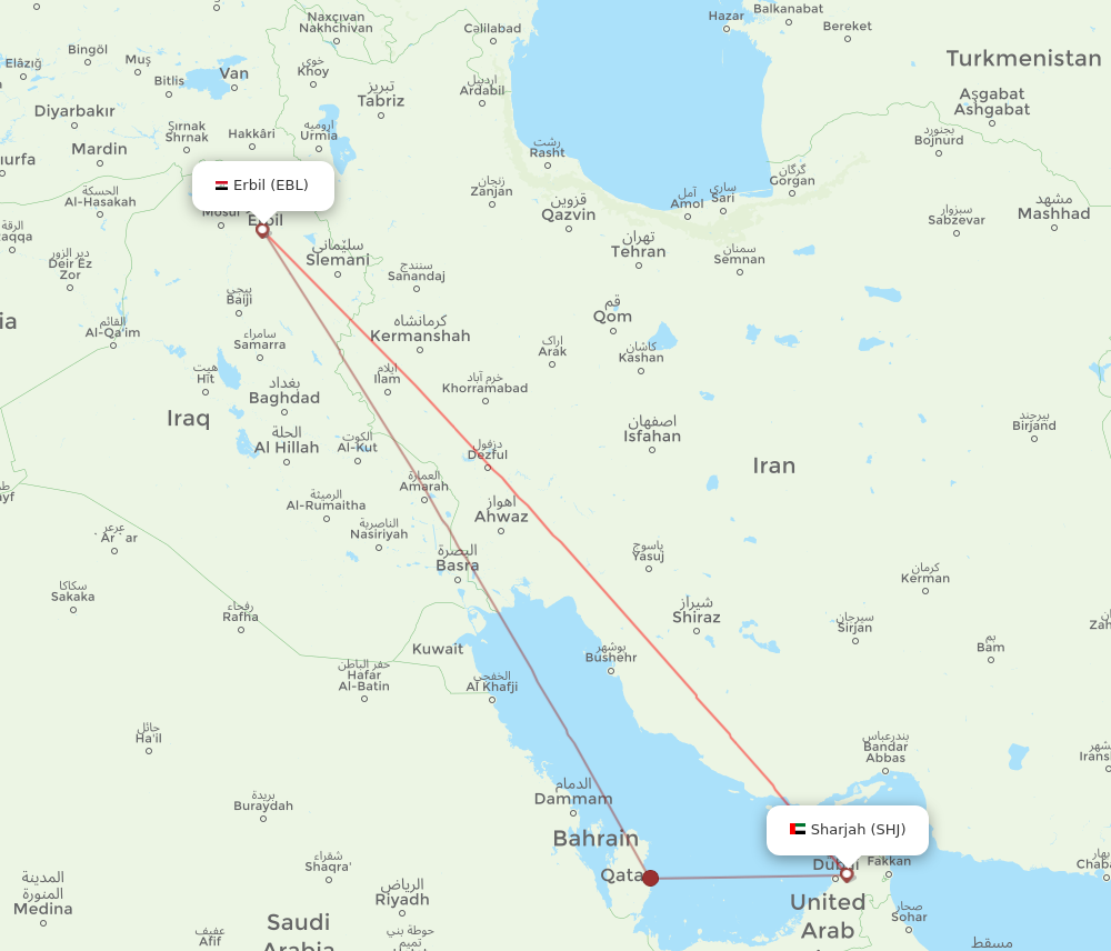 EBL to SHJ flights and routes map