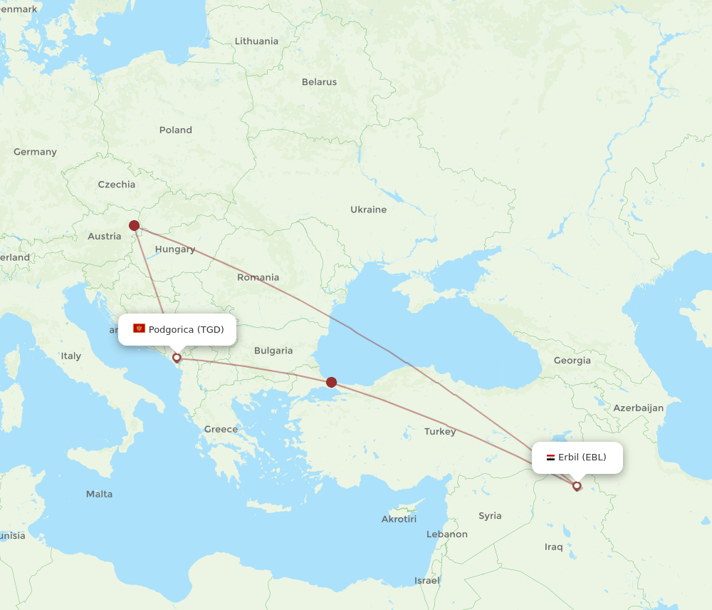 EBL to TGD flights and routes map