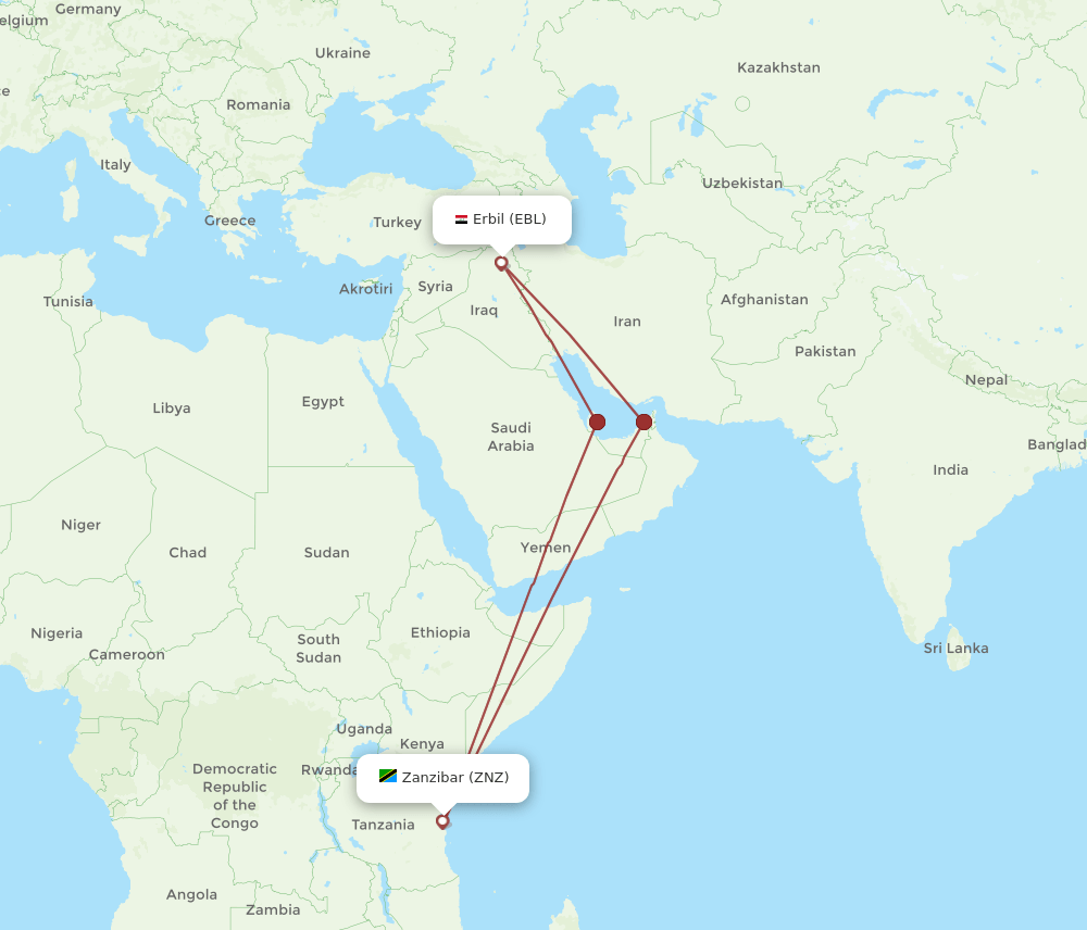 Zanzibar - Erbil route map and flight paths