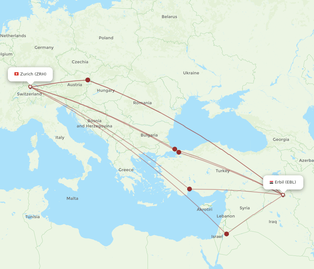Zurich - Erbil route map and flight paths