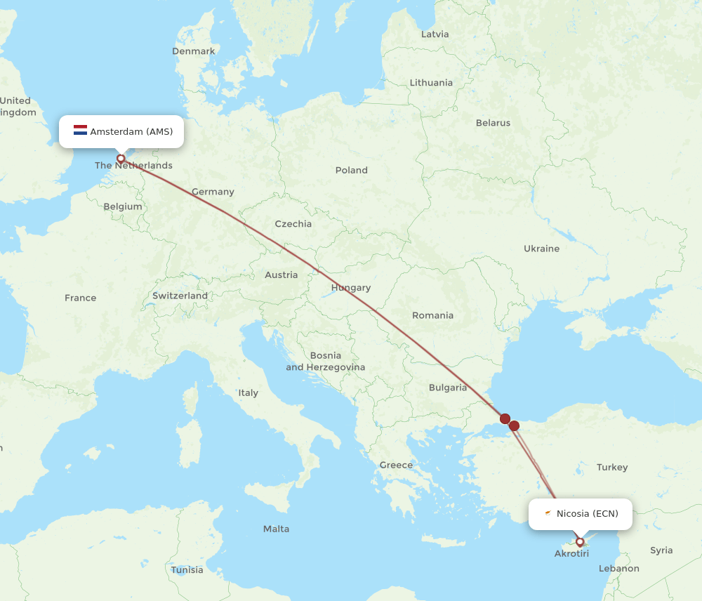 ECN-AMS flight routes