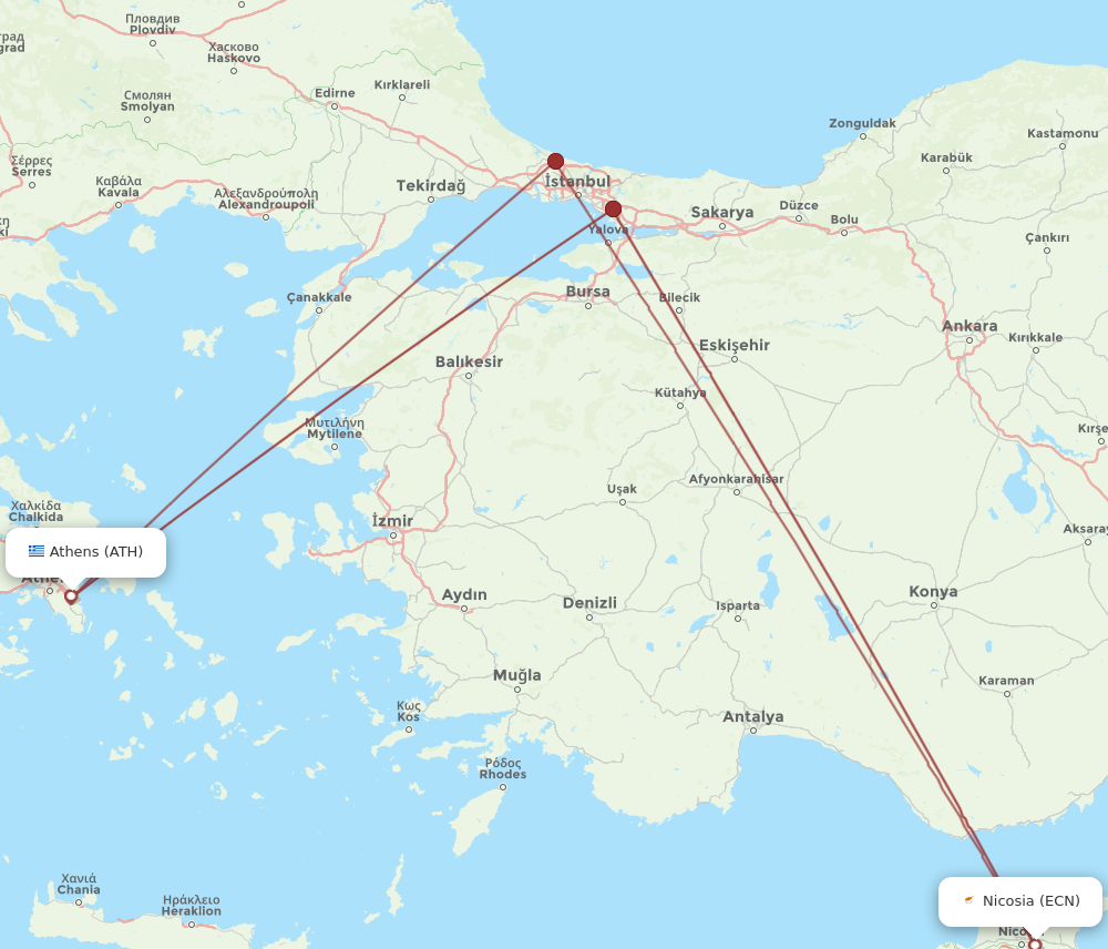 ECN to ATH flights and routes map