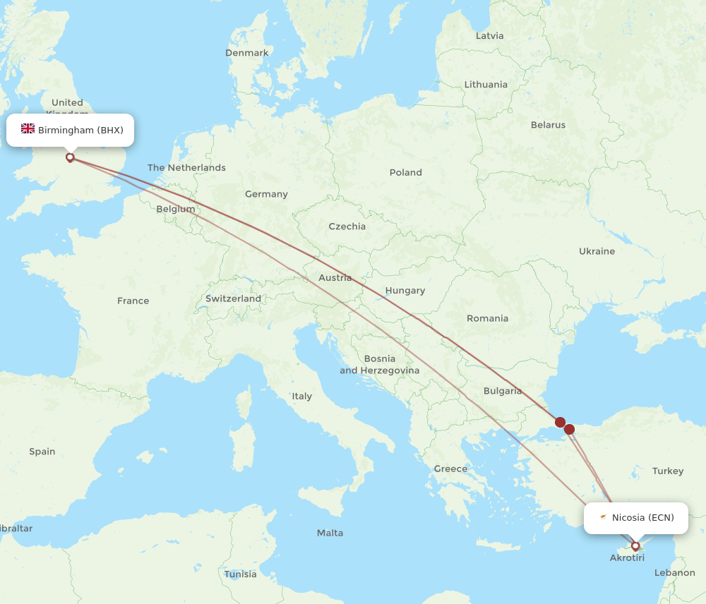 ECN-BHX flight routes
