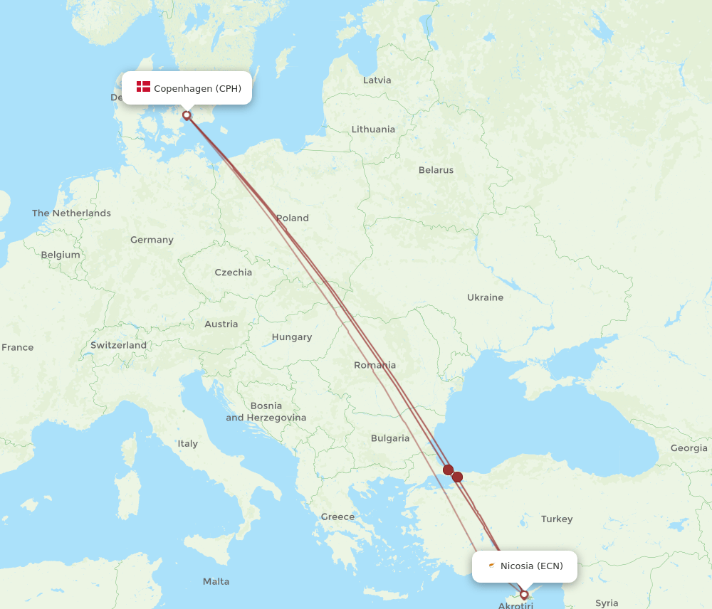 ECN-CPH flight routes