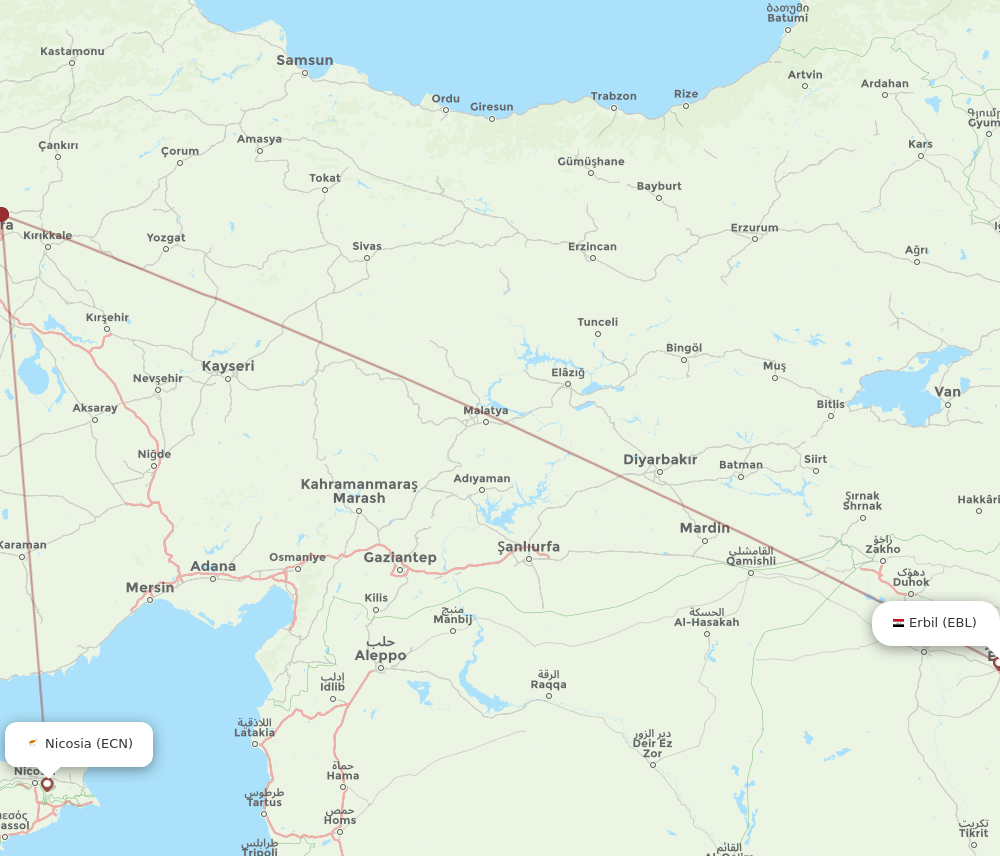 ECN-EBL flight routes