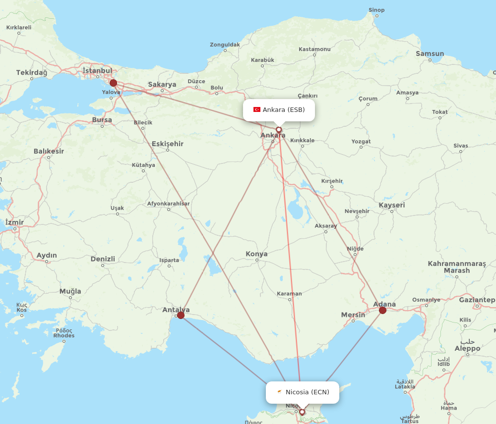 ECN to ESB flights and routes map