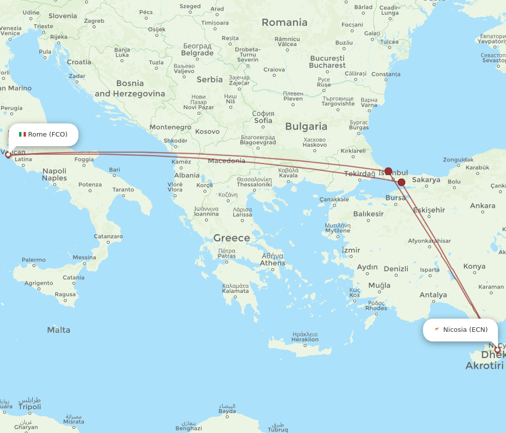 ECN to FCO flights and routes map