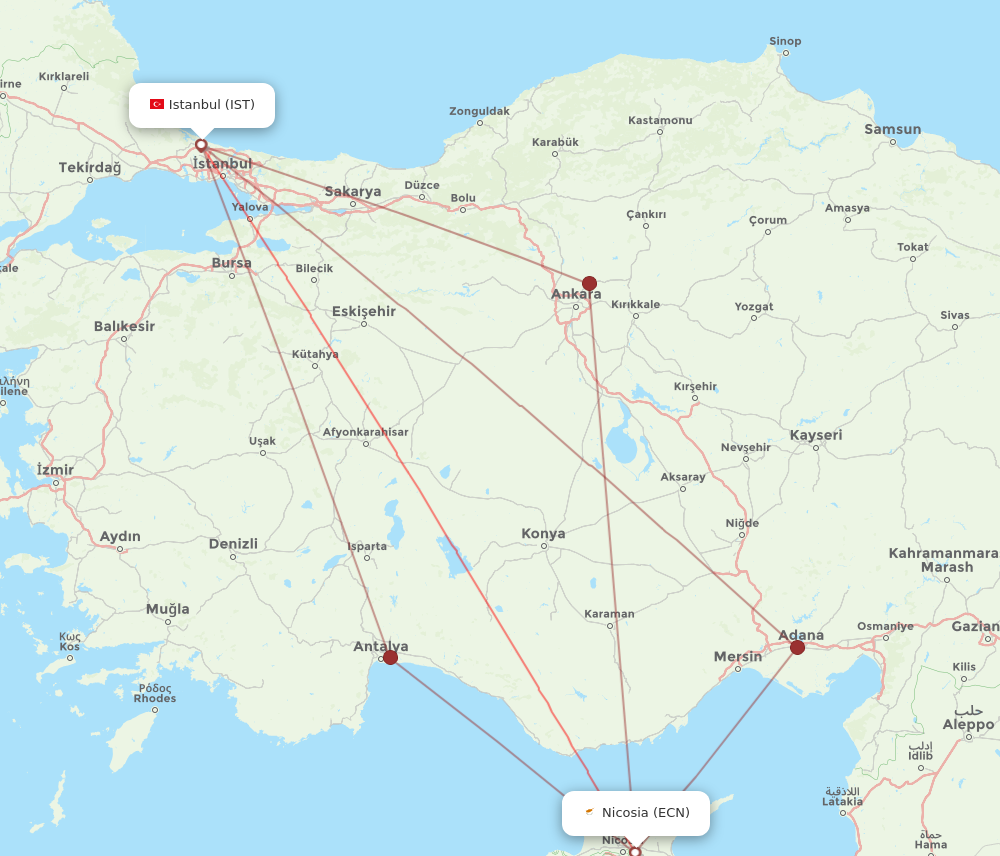 ECN to IST flights and routes map