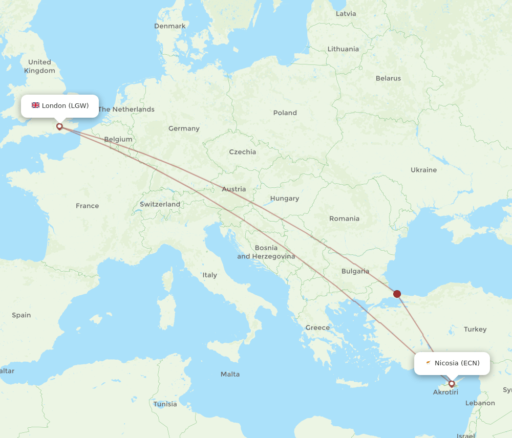 ECN to LGW flights and routes map