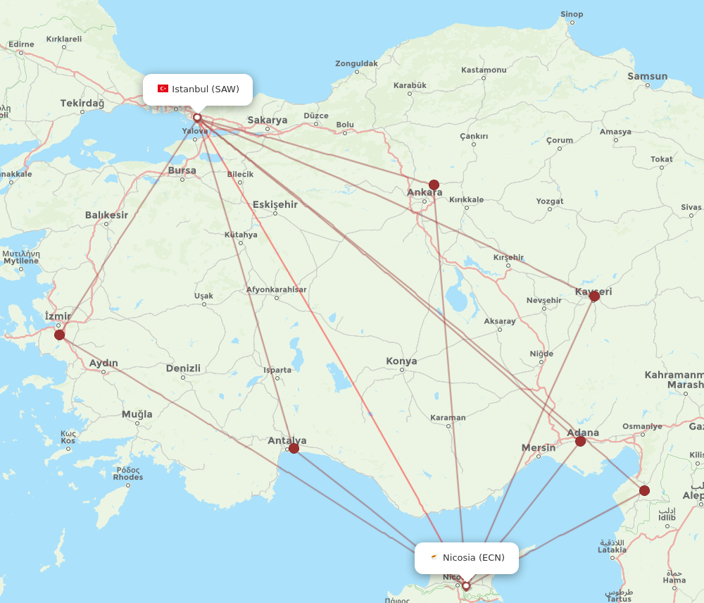 ECN to SAW flights and routes map