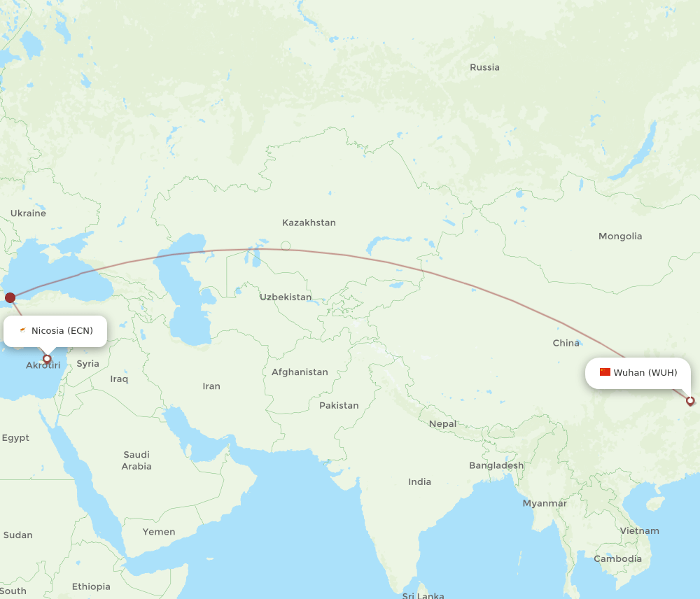 Ercan - Wuhan route map and flight paths